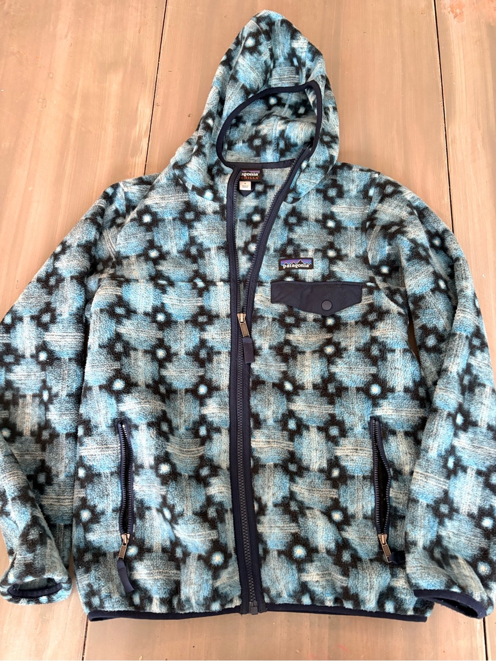 Patagonia Blue and Black Patterned Hooded Fleece Jacket